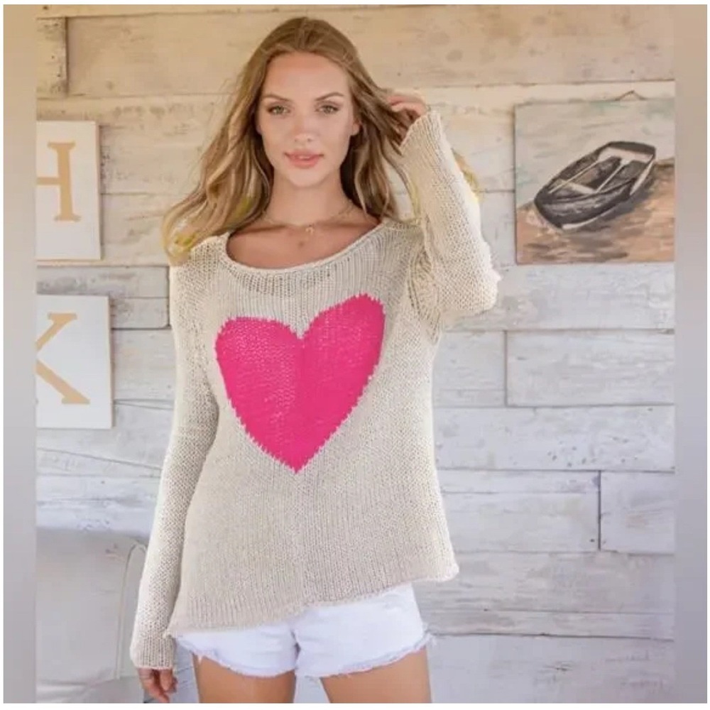 Wooden Ships Heart Knit Sweater Long Sleeve Relaxed Fit Pullover Size‎ X/S
